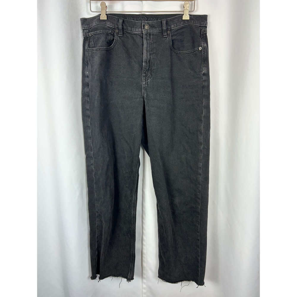 American Eagle Super High Rise Baggy Straight Black Raw Hem Jeans Size 12